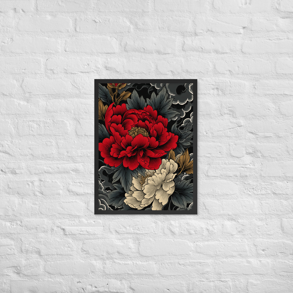 Framed matte paper poster: Vermilion and ivory peonies stand out against dark leaves and curling ink-like clouds.