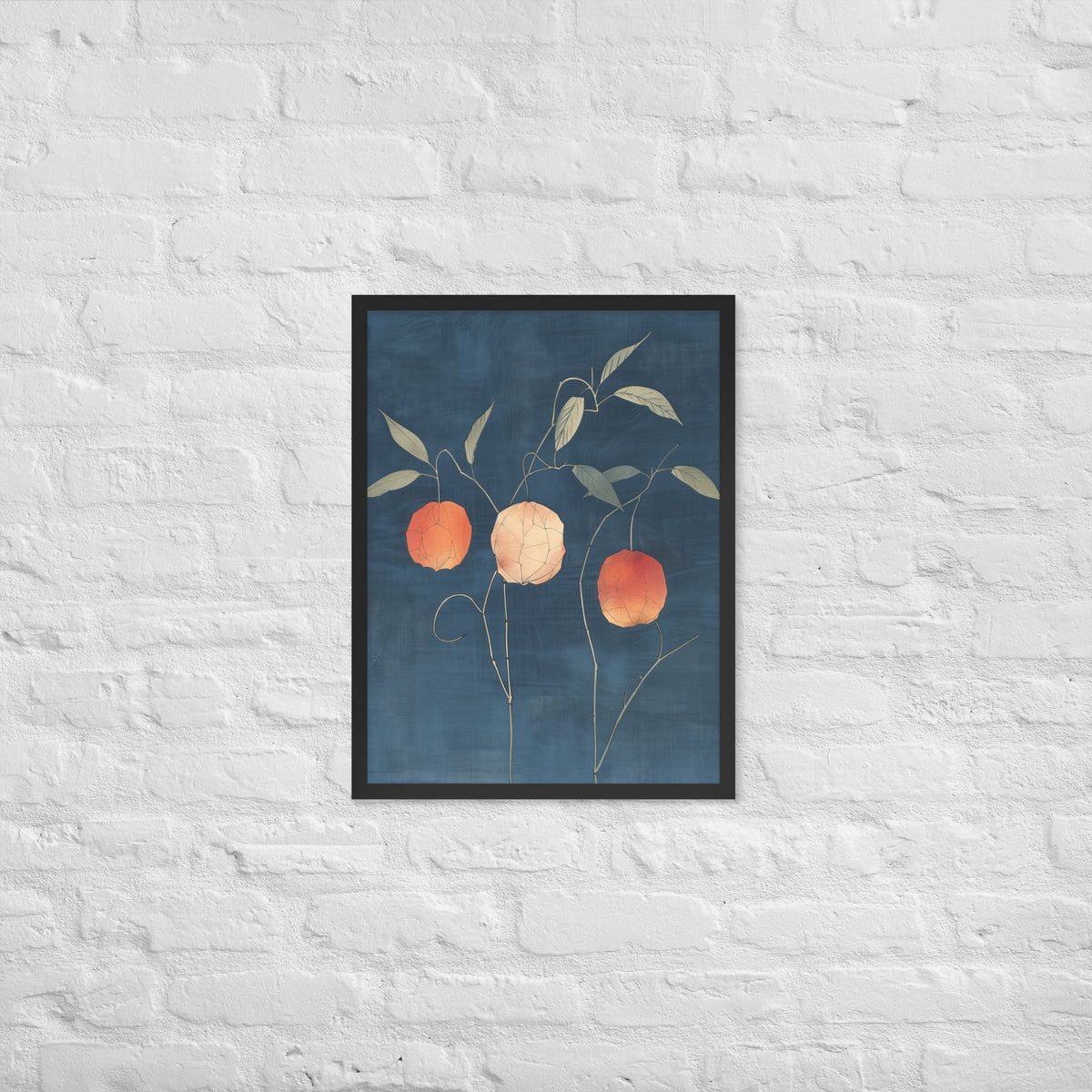 Framed matte paper poster: Orange and pale ground cherries hang from slender stems against a deep blue background.