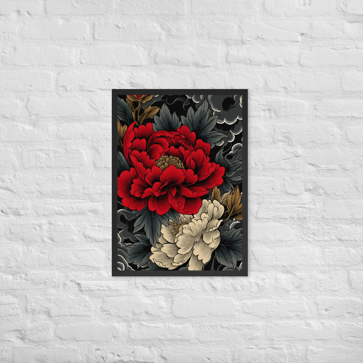 Framed matte paper poster: Vermilion and ivory peonies stand out against dark leaves and curling ink-like clouds.