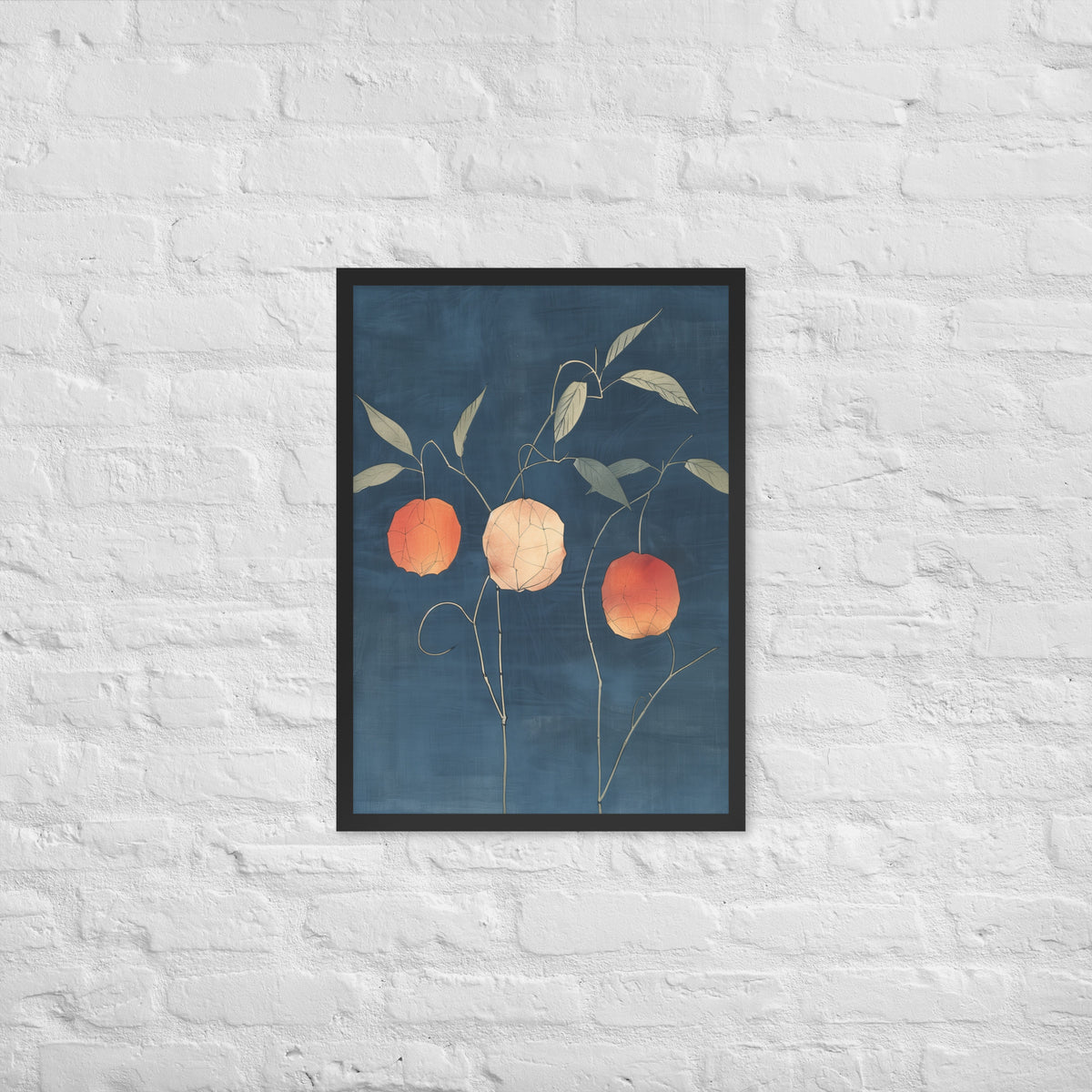 Framed matte paper poster: Orange and pale ground cherries hang from slender stems against a deep blue background.