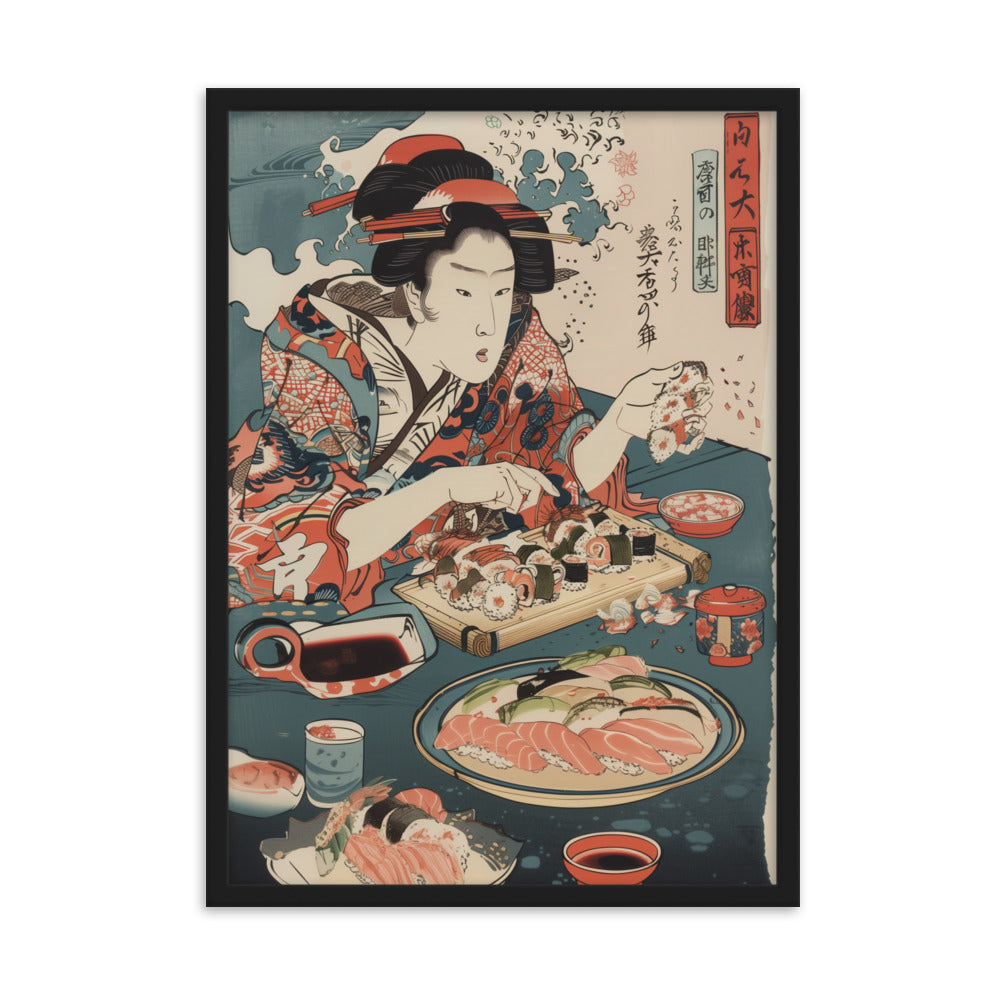 "ukiyo-e. eating sushi." Framed matte paper poster