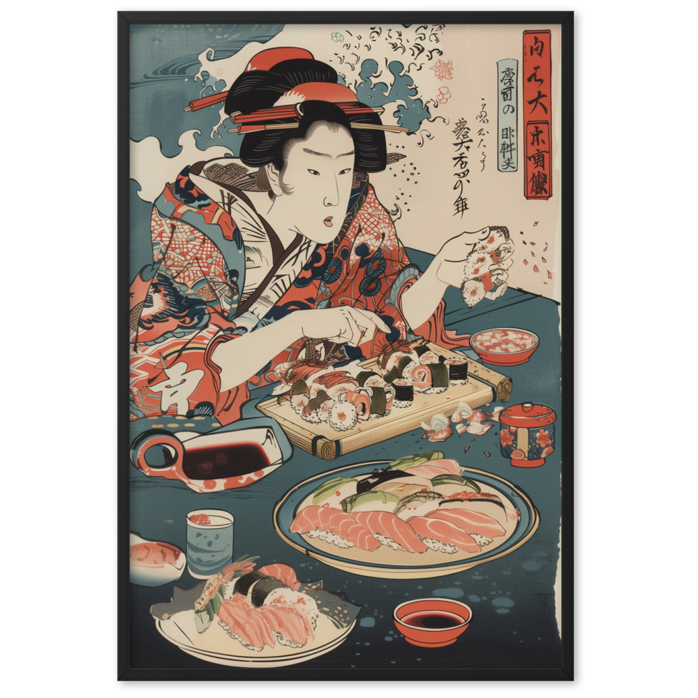 "ukiyo-e. eating sushi." Framed matte paper poster