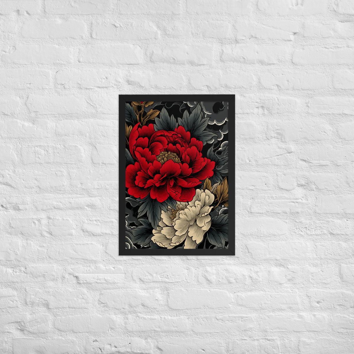Framed matte paper poster: Vermilion and ivory peonies stand out against dark leaves and curling ink-like clouds.