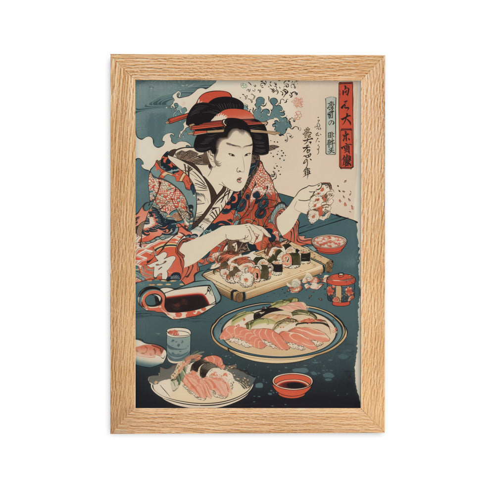 "ukiyo-e. eating sushi." Framed matte paper poster