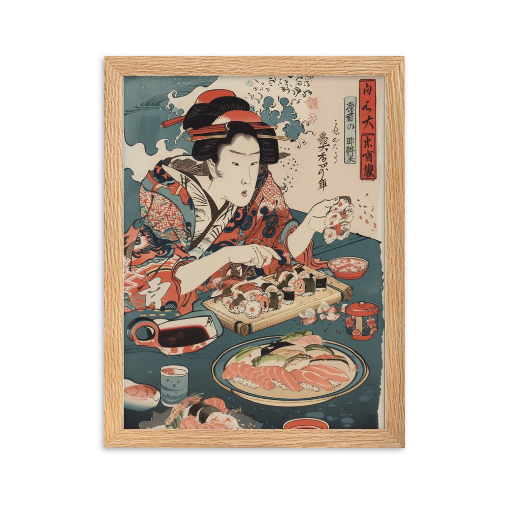 "ukiyo-e. eating sushi." Framed matte paper poster