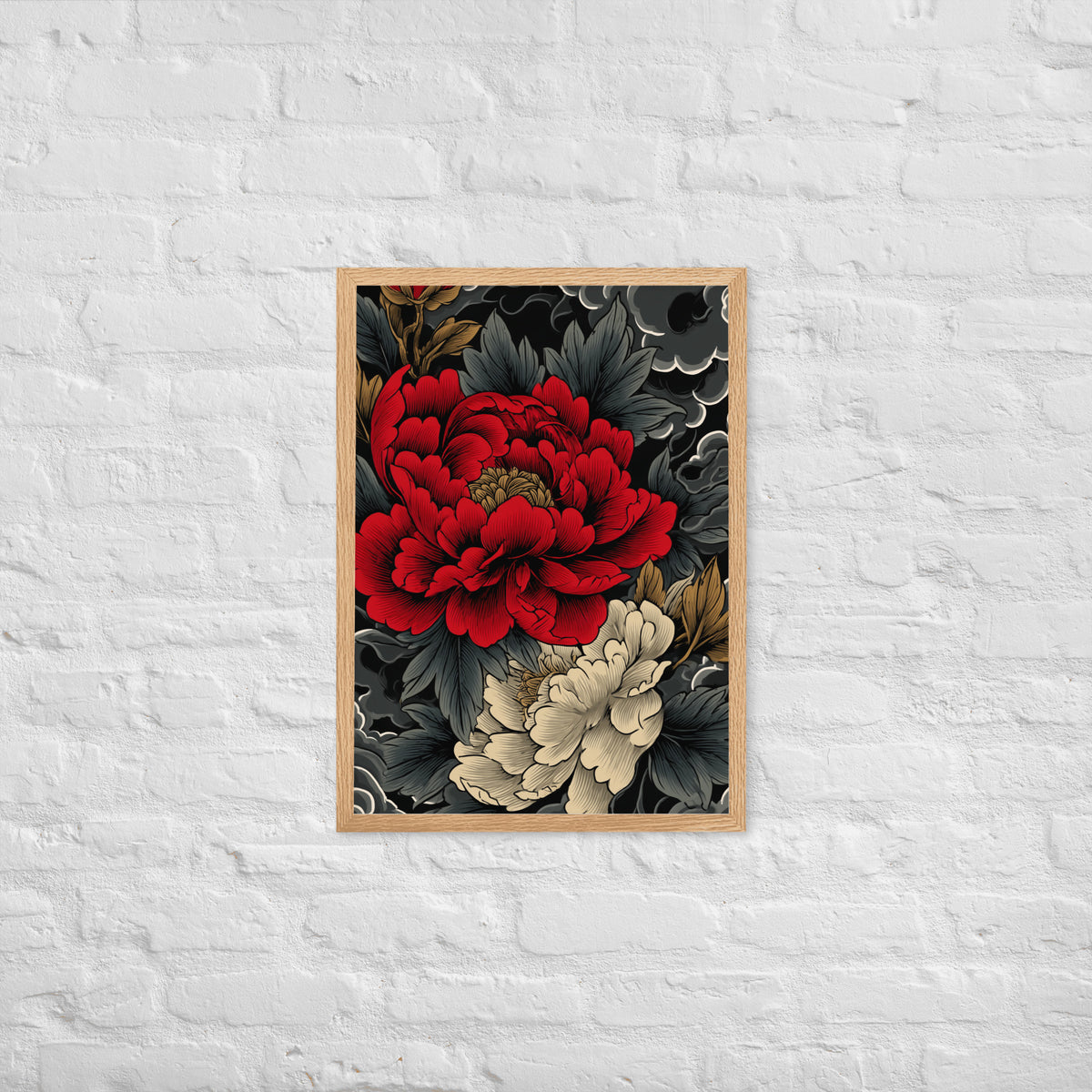Framed matte paper poster: Vermilion and ivory peonies stand out against dark leaves and curling ink-like clouds.