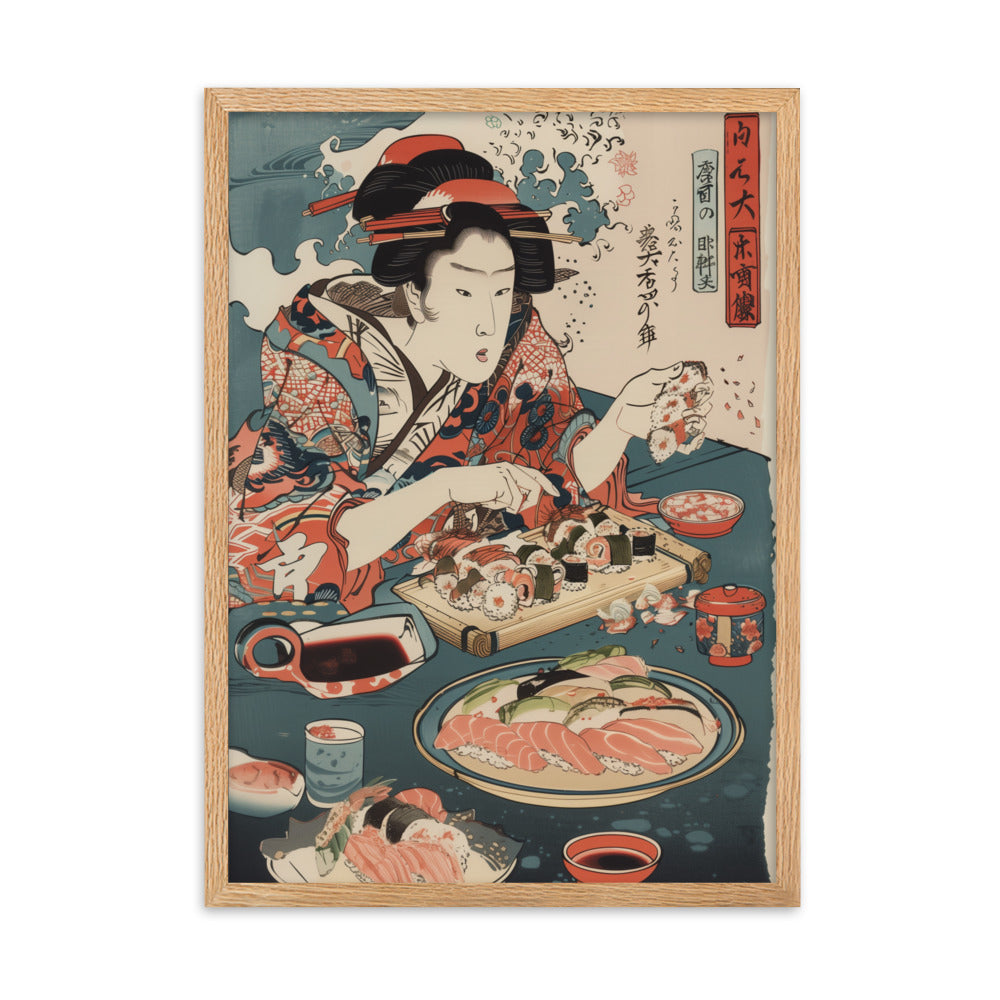 "ukiyo-e. eating sushi." Framed matte paper poster