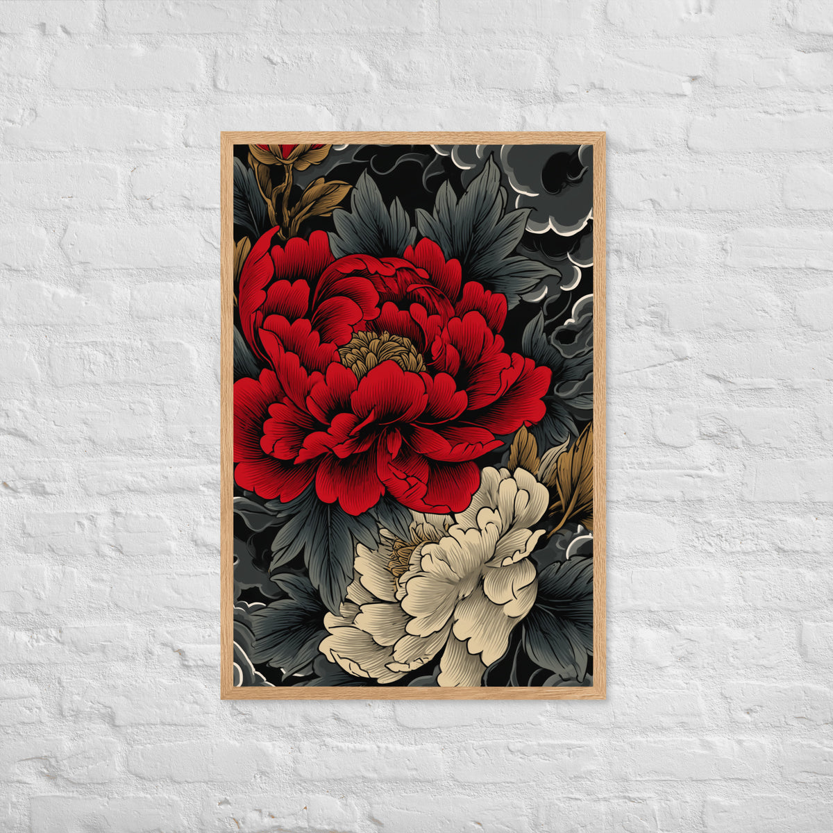 Framed matte paper poster: Vermilion and ivory peonies stand out against dark leaves and curling ink-like clouds.