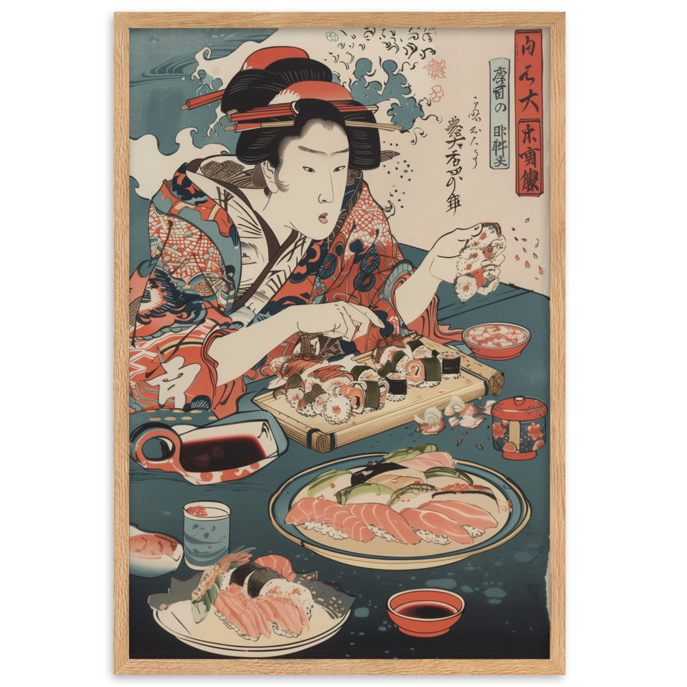 "ukiyo-e. eating sushi." Framed matte paper poster