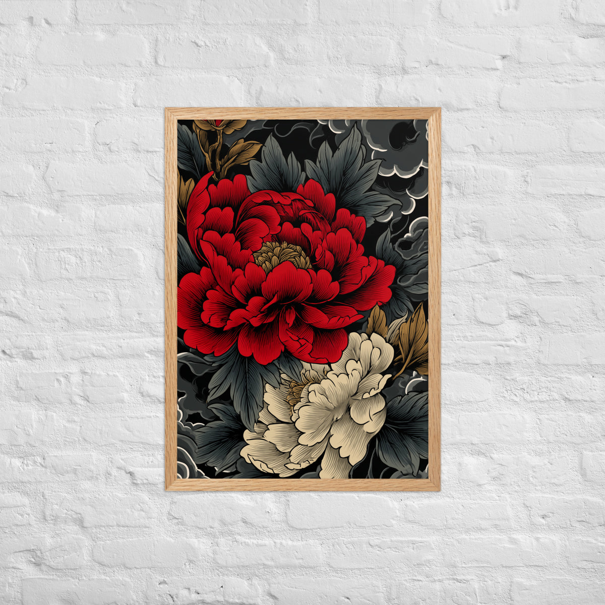 Framed matte paper poster: Vermilion and ivory peonies stand out against dark leaves and curling ink-like clouds.