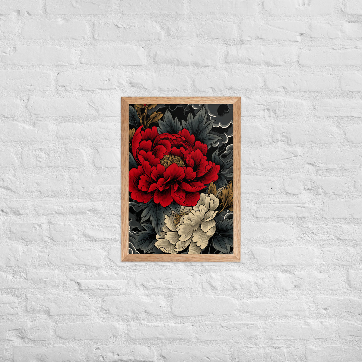 Framed matte paper poster: Vermilion and ivory peonies stand out against dark leaves and curling ink-like clouds.