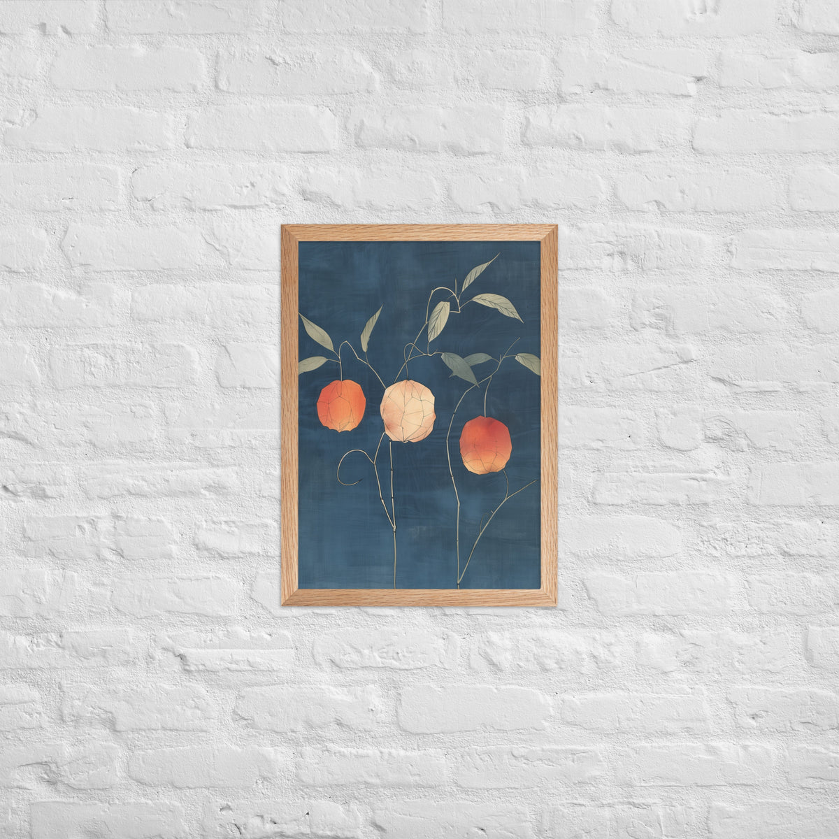 Framed matte paper poster: Orange and pale ground cherries hang from slender stems against a deep blue background.
