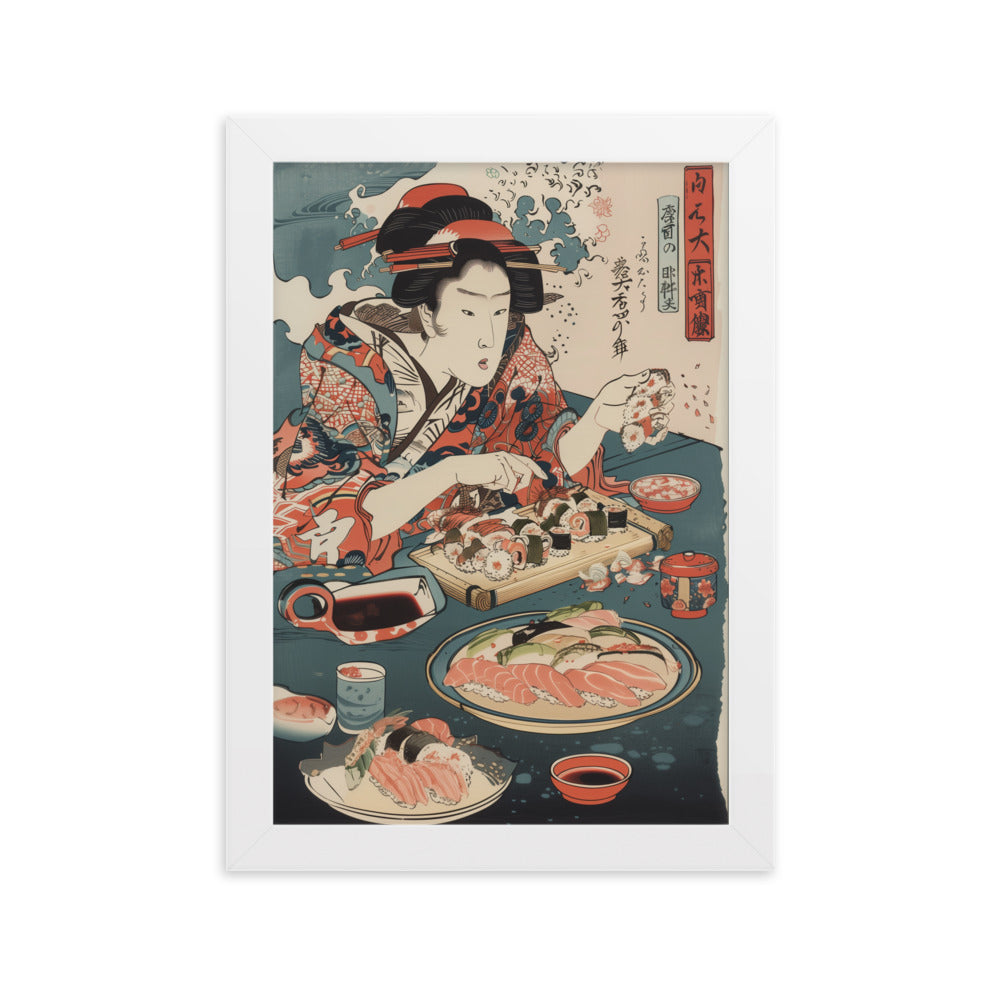 "ukiyo-e. eating sushi." Framed matte paper poster