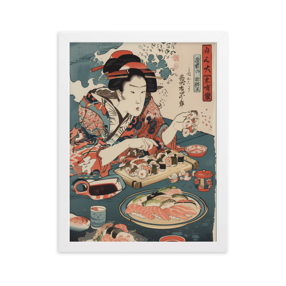 "ukiyo-e. eating sushi." Framed matte paper poster