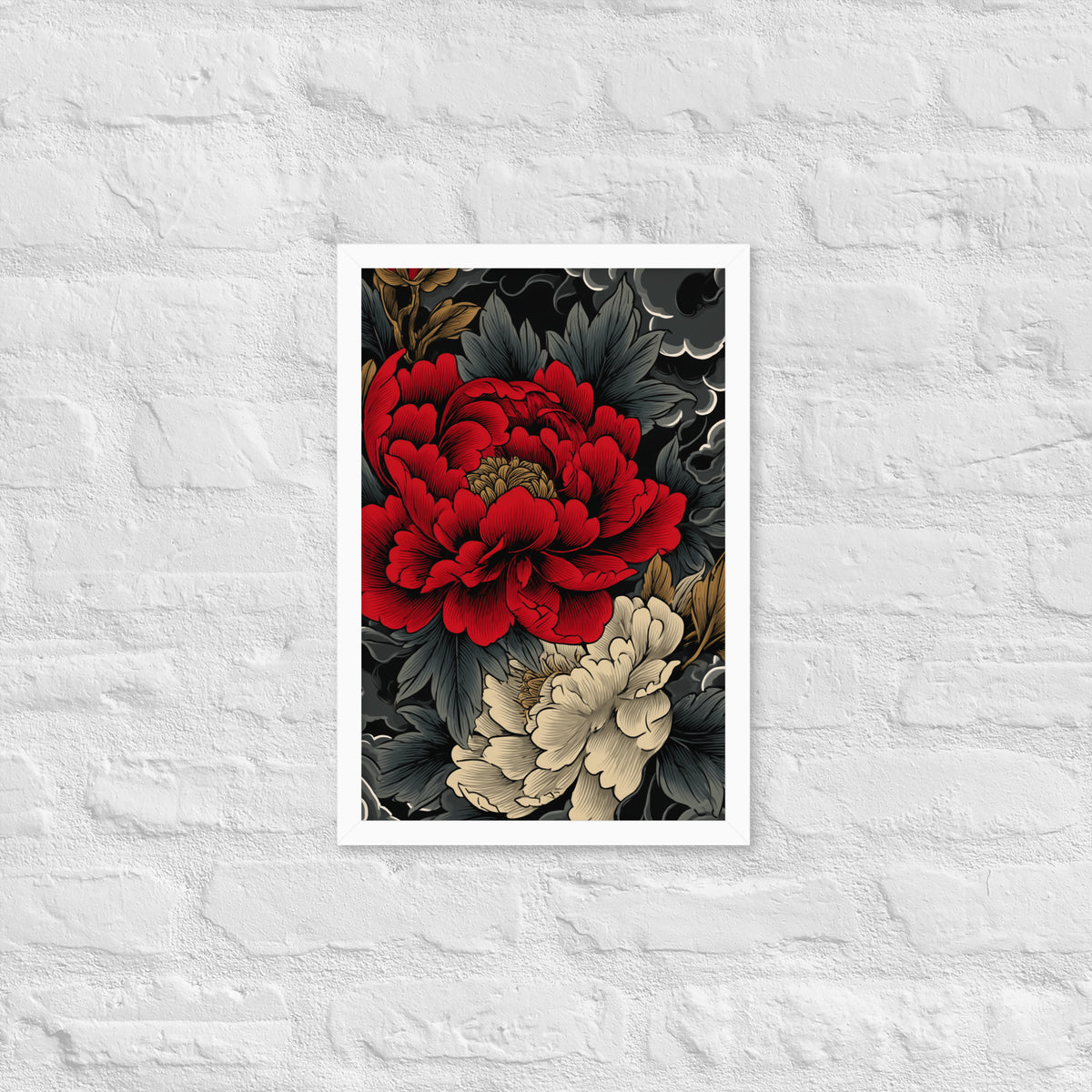 Framed matte paper poster: Vermilion and ivory peonies stand out against dark leaves and curling ink-like clouds.