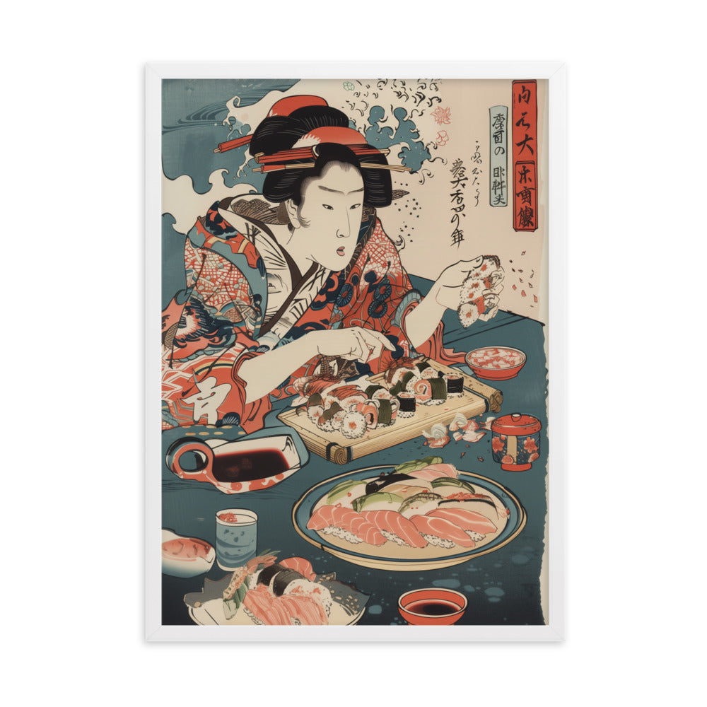 "ukiyo-e. eating sushi." Framed matte paper poster