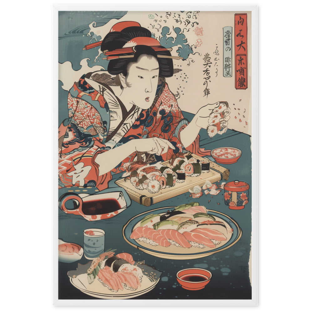"ukiyo-e. eating sushi." Framed matte paper poster