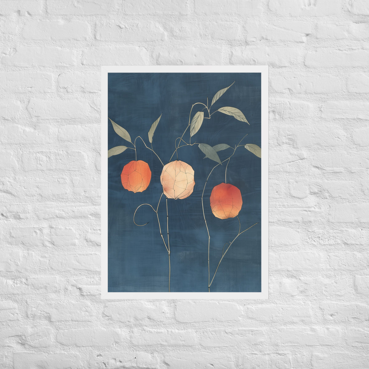 Framed matte paper poster: Orange and pale ground cherries hang from slender stems against a deep blue background.