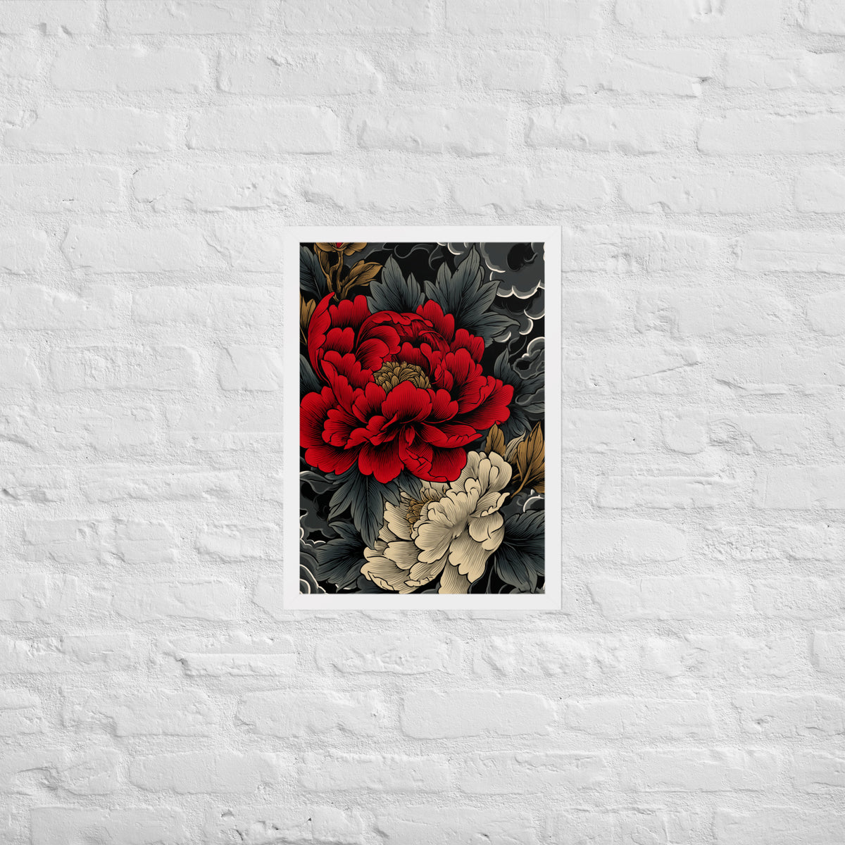 Framed matte paper poster: Vermilion and ivory peonies stand out against dark leaves and curling ink-like clouds.