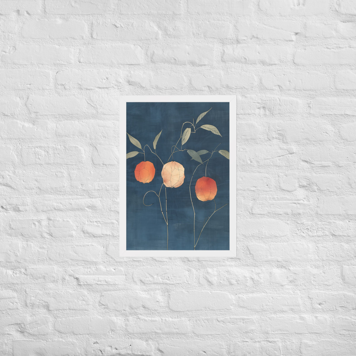 Framed matte paper poster: Orange and pale ground cherries hang from slender stems against a deep blue background.