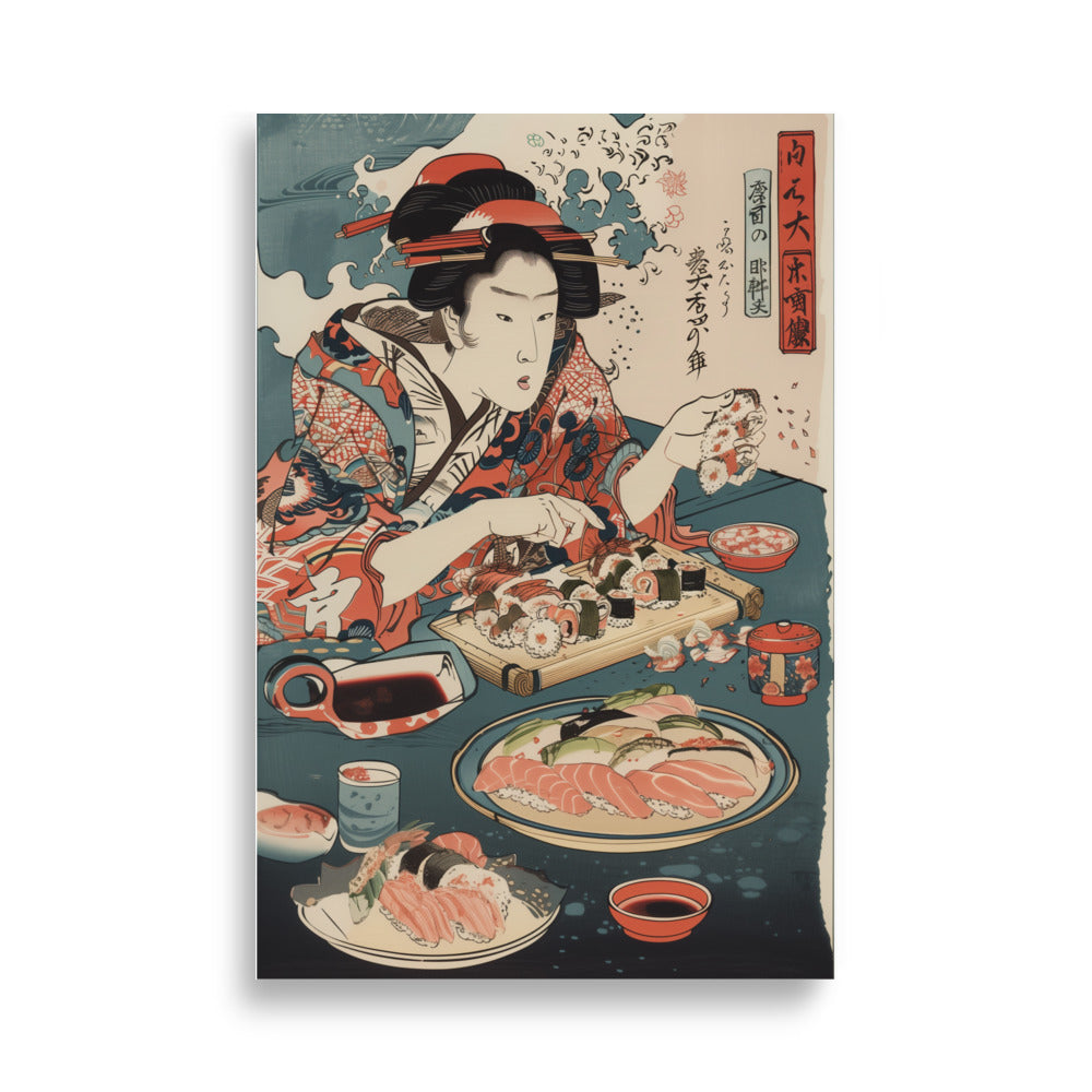 "ukiyo-e. eating sushi." Matte paper poster