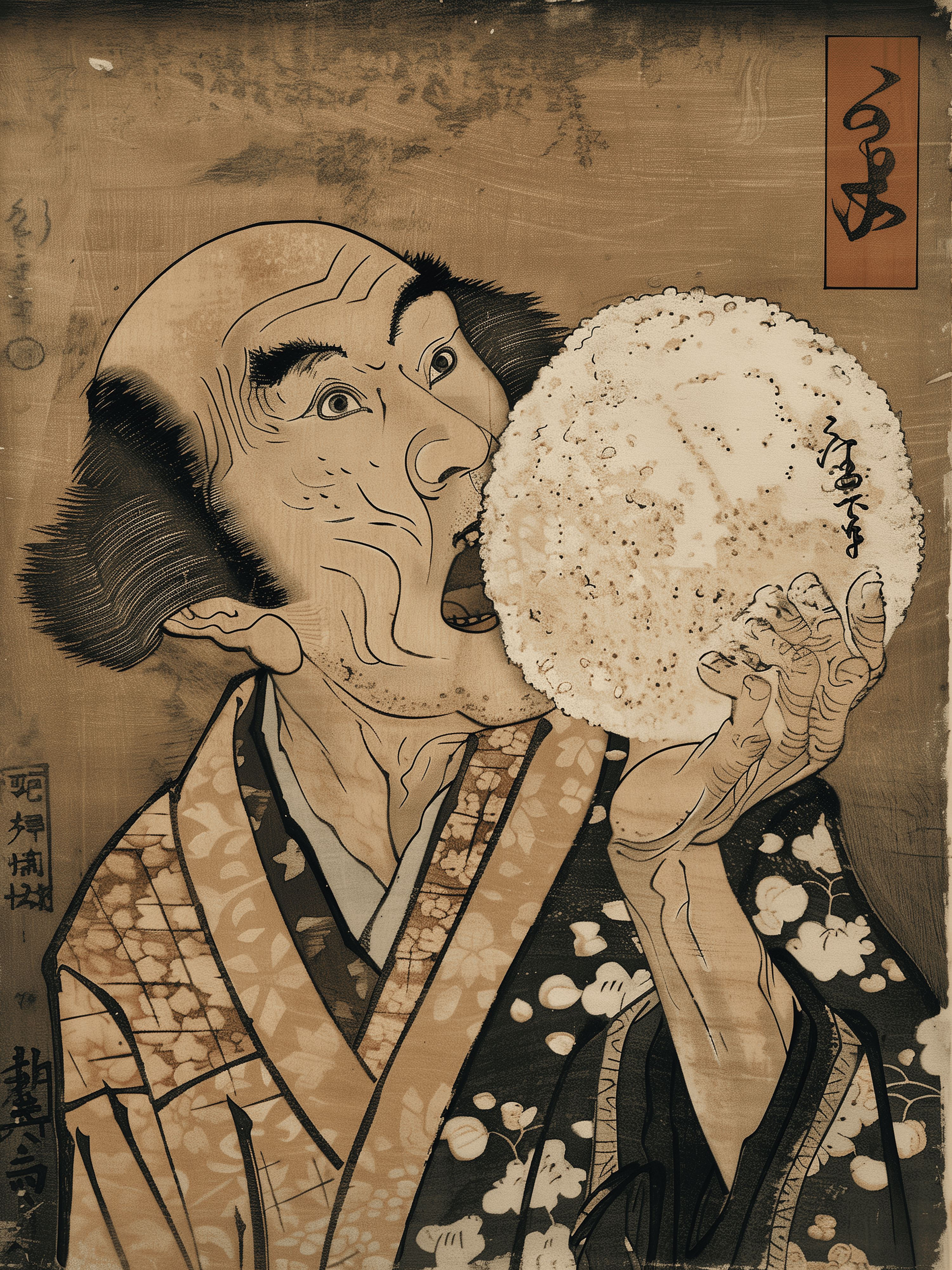 "Man eating onigiri (rice ball)"