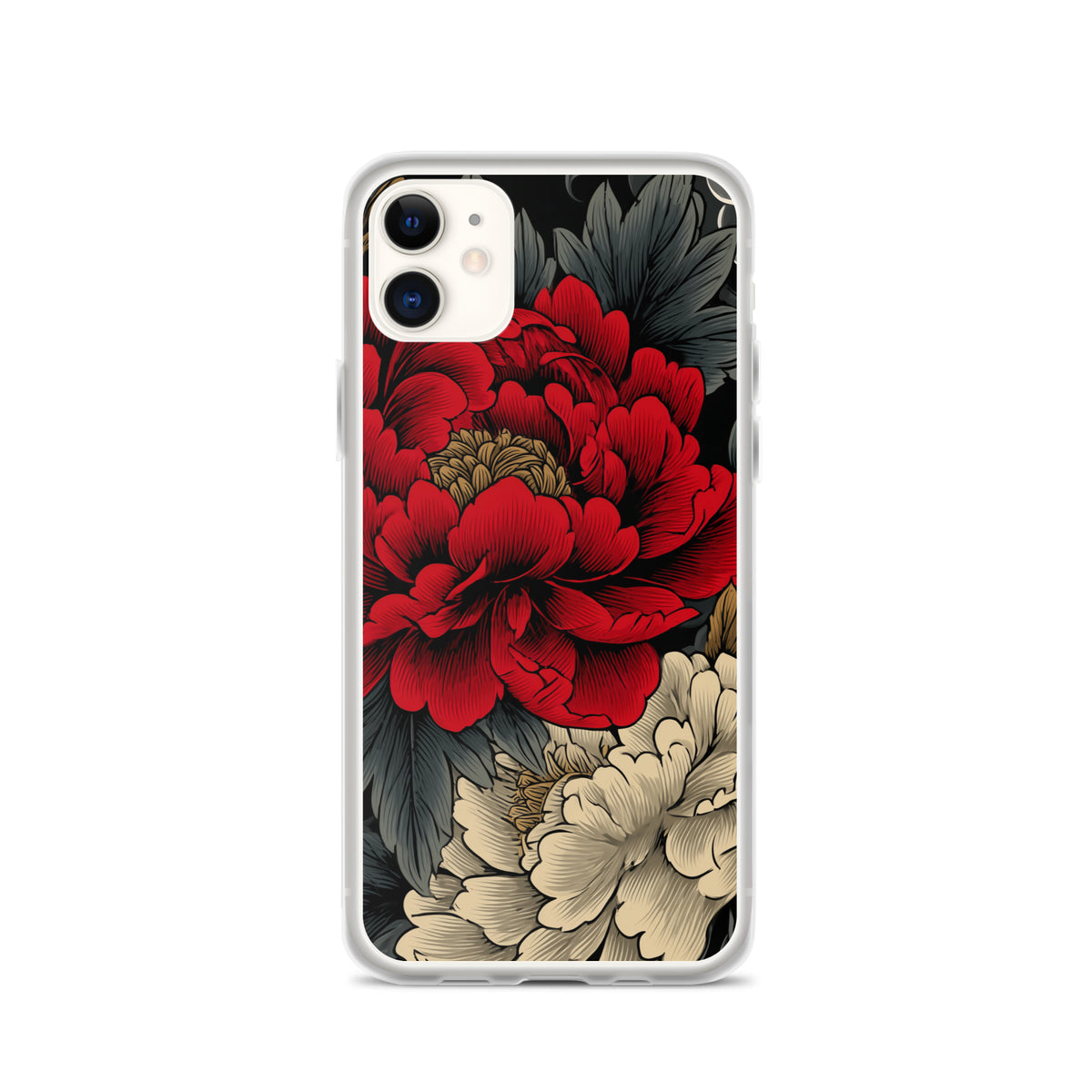 Clear iPhone case: Vermilion and ivory peonies stand out against dark leaves and curling ink-like clouds.
