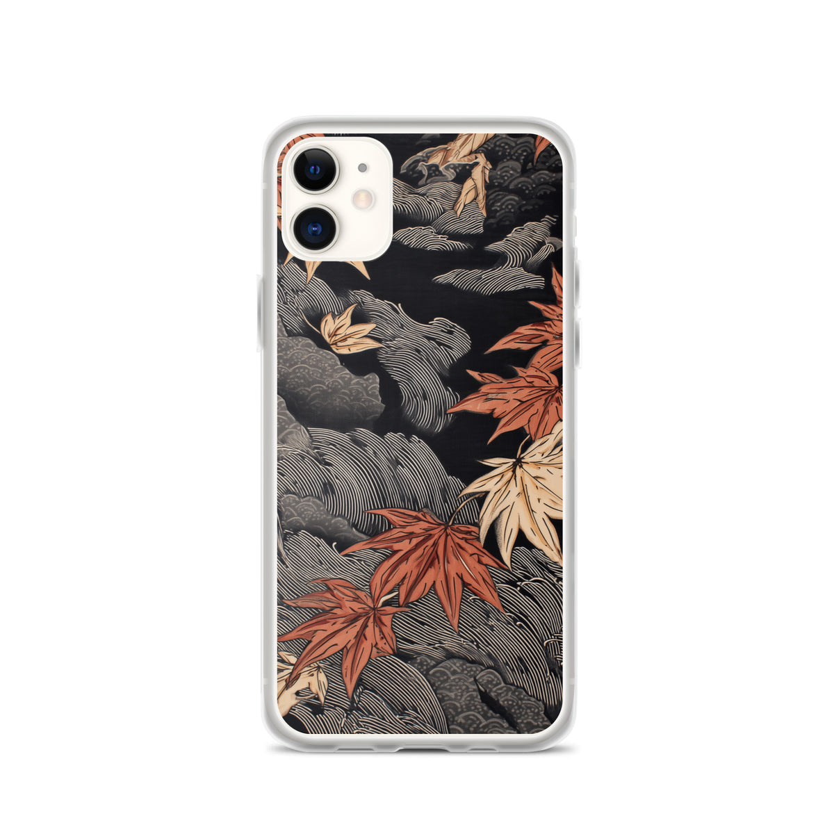 Clear iPhone case: Red and ochre maple leaves stretch across layered rocks and dark flowing water.