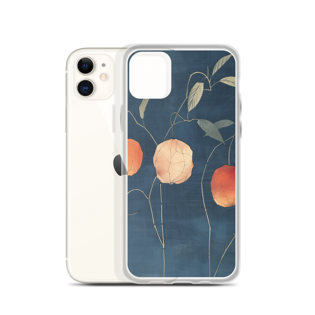 Clear iPhone case: Orange and pale ground cherries hang from slender stems against a deep blue background.