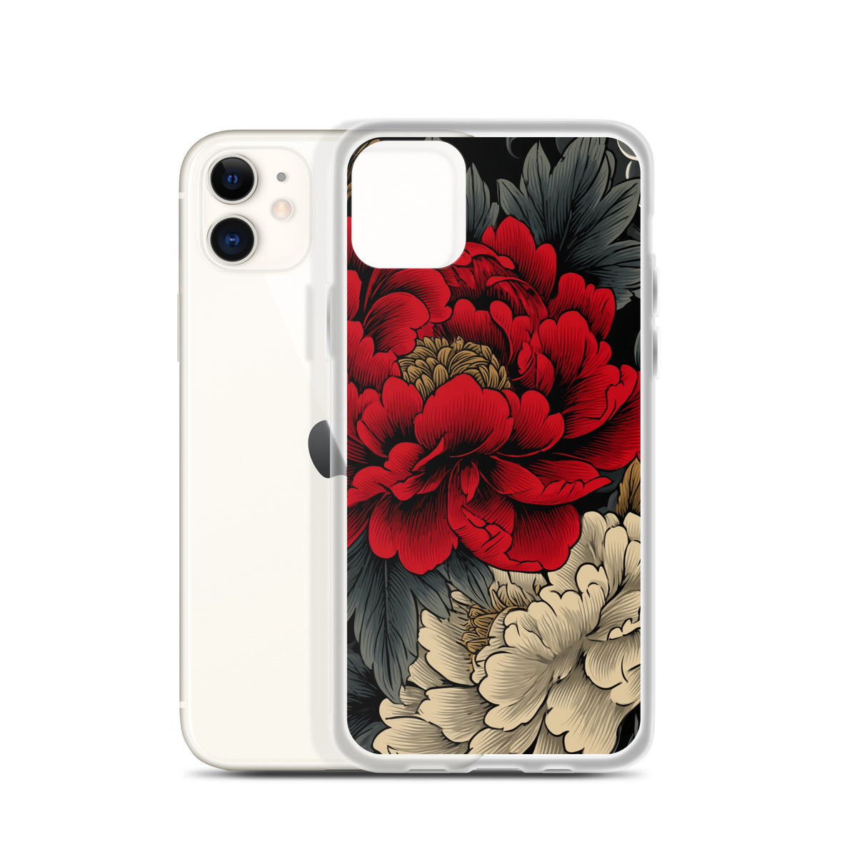 Clear iPhone case: Vermilion and ivory peonies stand out against dark leaves and curling ink-like clouds.