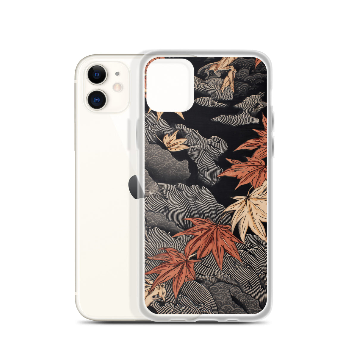 Clear iPhone case: Red and ochre maple leaves stretch across layered rocks and dark flowing water.