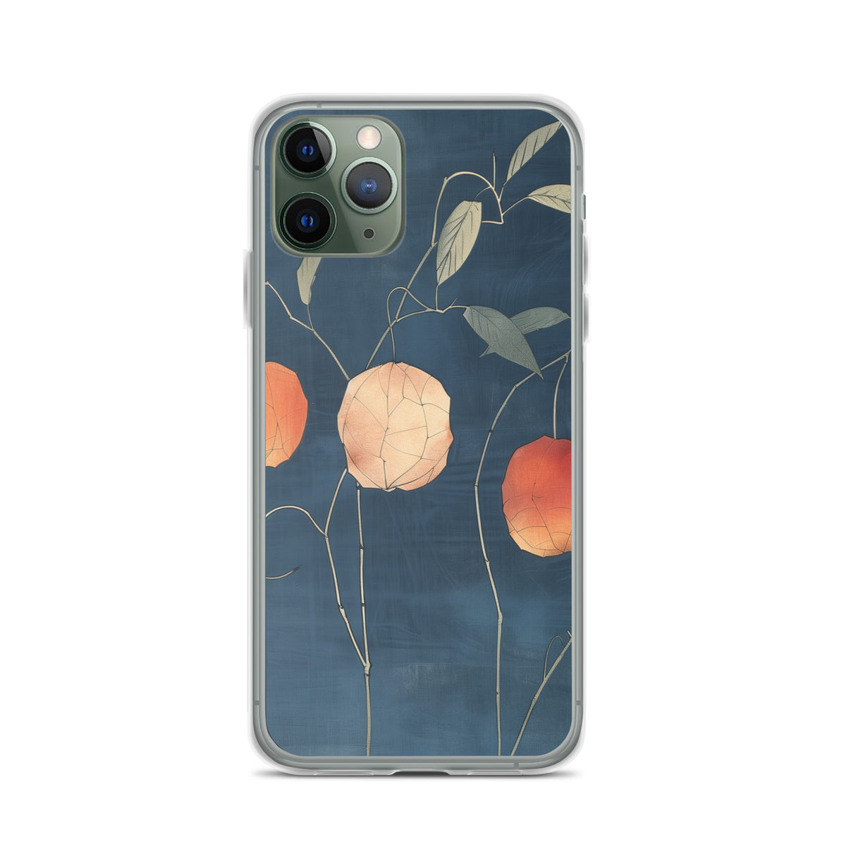 Clear iPhone case: Orange and pale ground cherries hang from slender stems against a deep blue background.