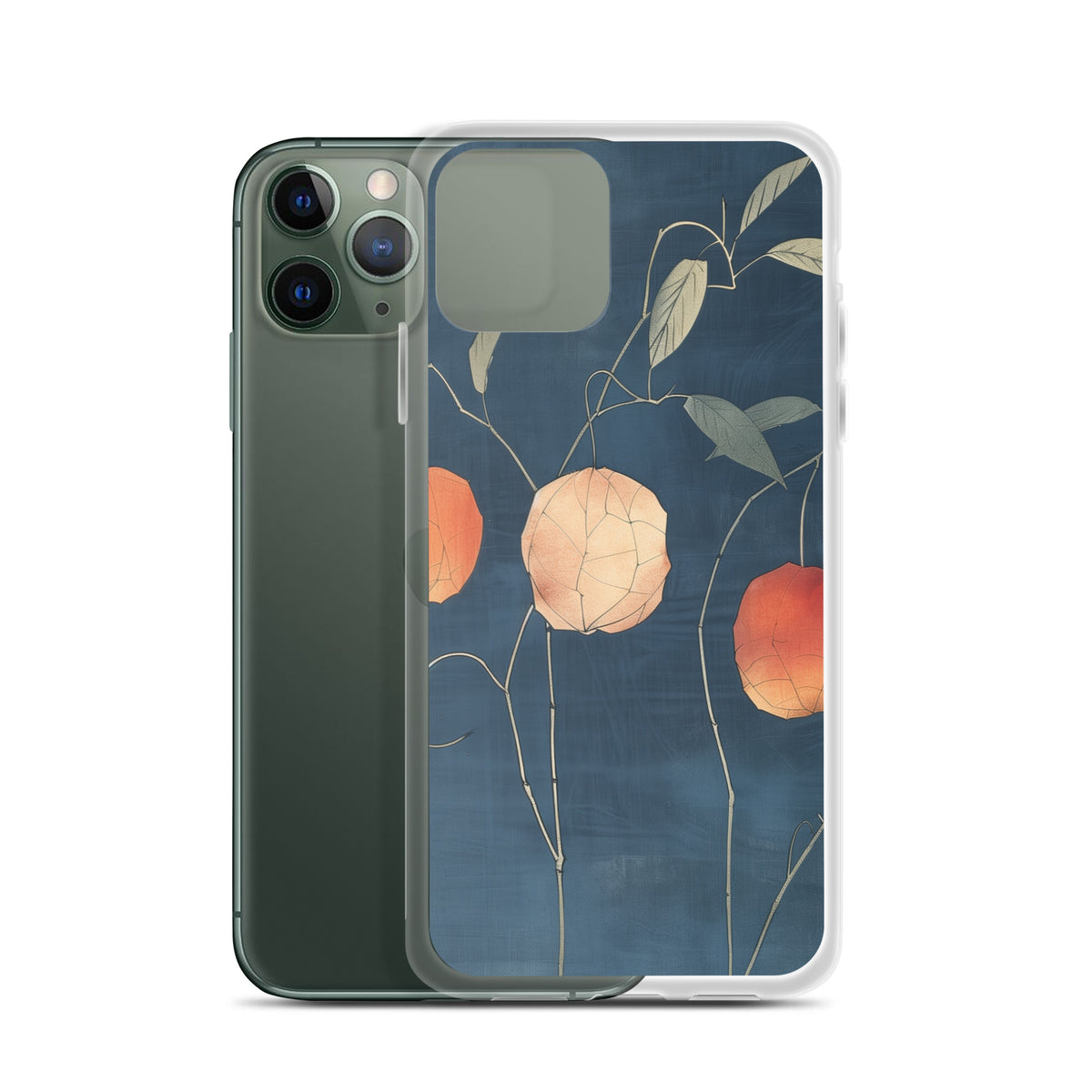 Clear iPhone case: Orange and pale ground cherries hang from slender stems against a deep blue background.