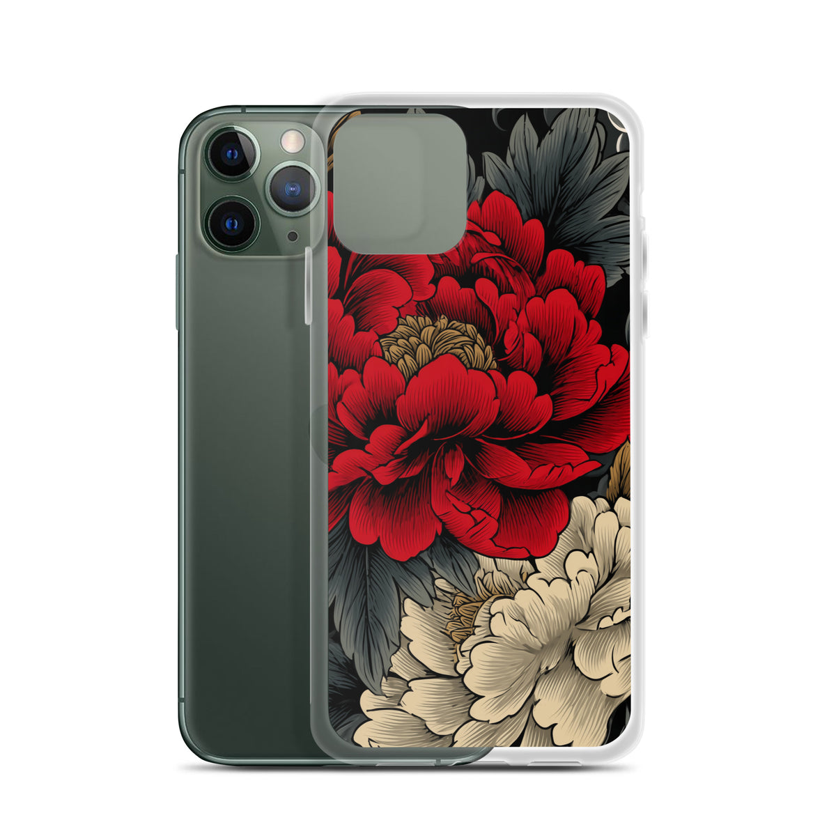 Clear iPhone case: Vermilion and ivory peonies stand out against dark leaves and curling ink-like clouds.