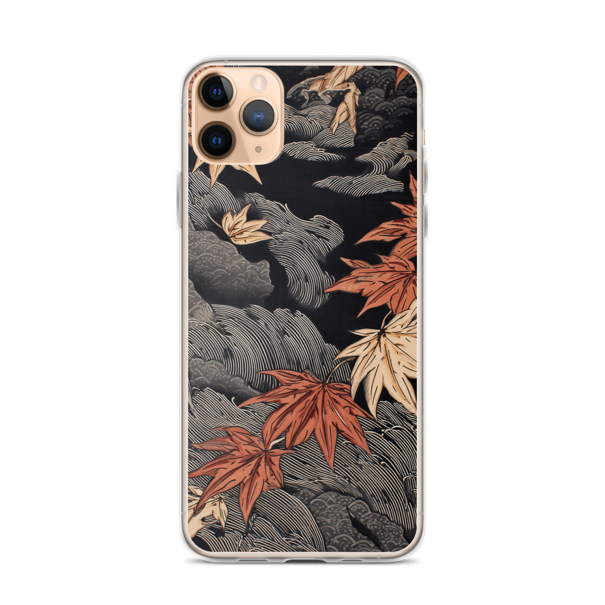 Clear iPhone case: Red and ochre maple leaves stretch across layered rocks and dark flowing water.