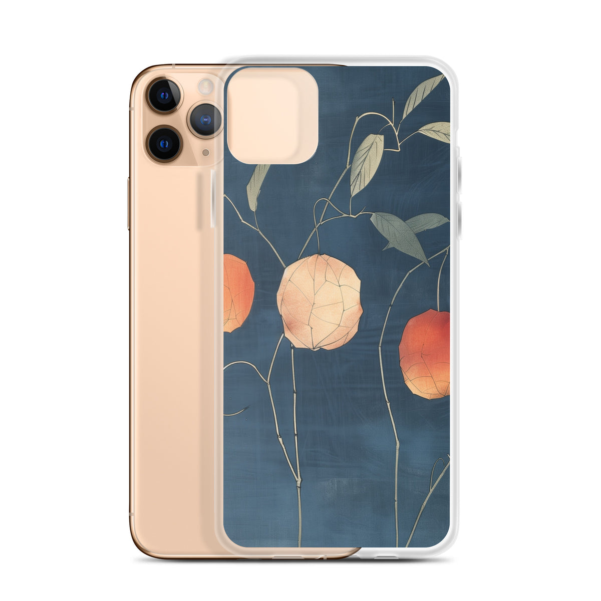Clear iPhone case: Orange and pale ground cherries hang from slender stems against a deep blue background.