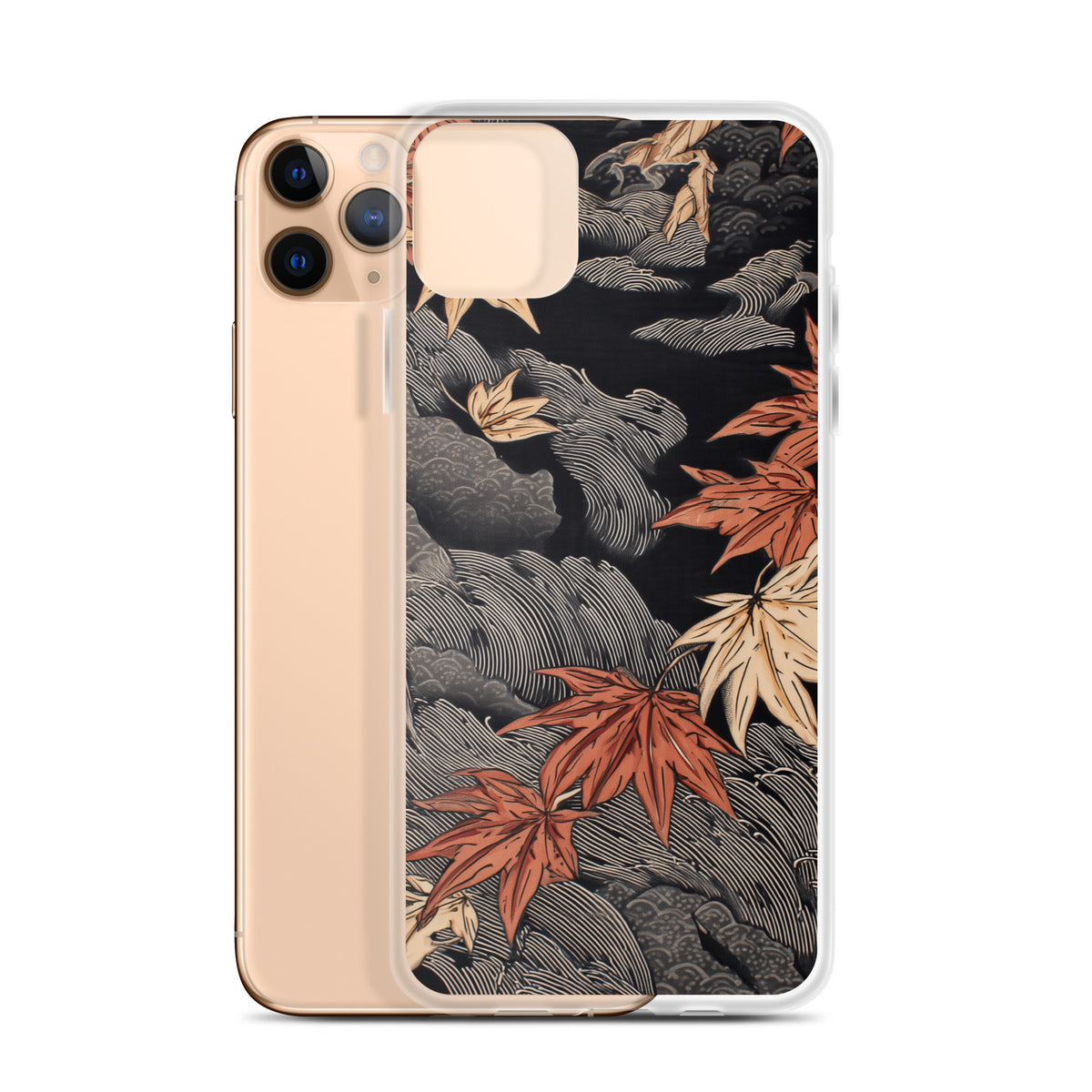 Clear iPhone case: Red and ochre maple leaves stretch across layered rocks and dark flowing water.