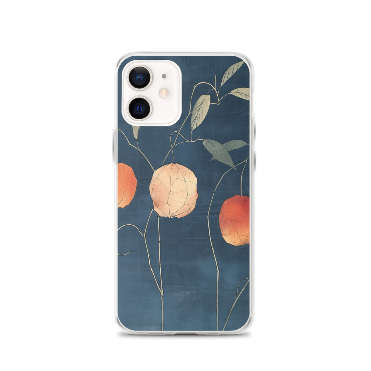 Clear iPhone case: Orange and pale ground cherries hang from slender stems against a deep blue background.