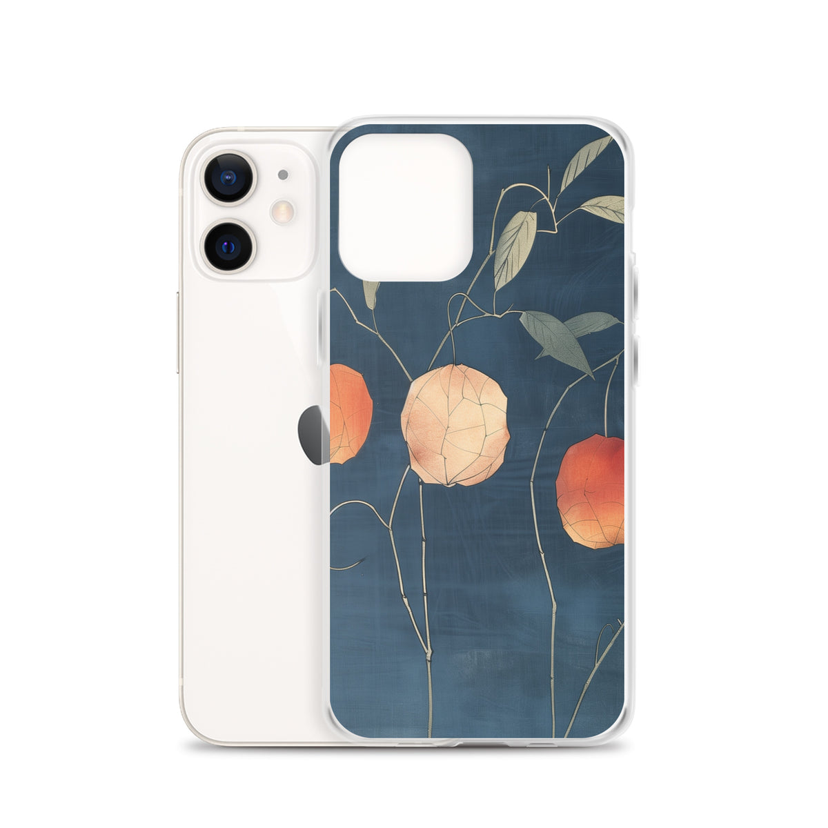Clear iPhone case: Orange and pale ground cherries hang from slender stems against a deep blue background.