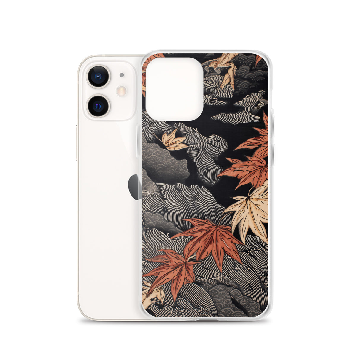 Clear iPhone case: Red and ochre maple leaves stretch across layered rocks and dark flowing water.