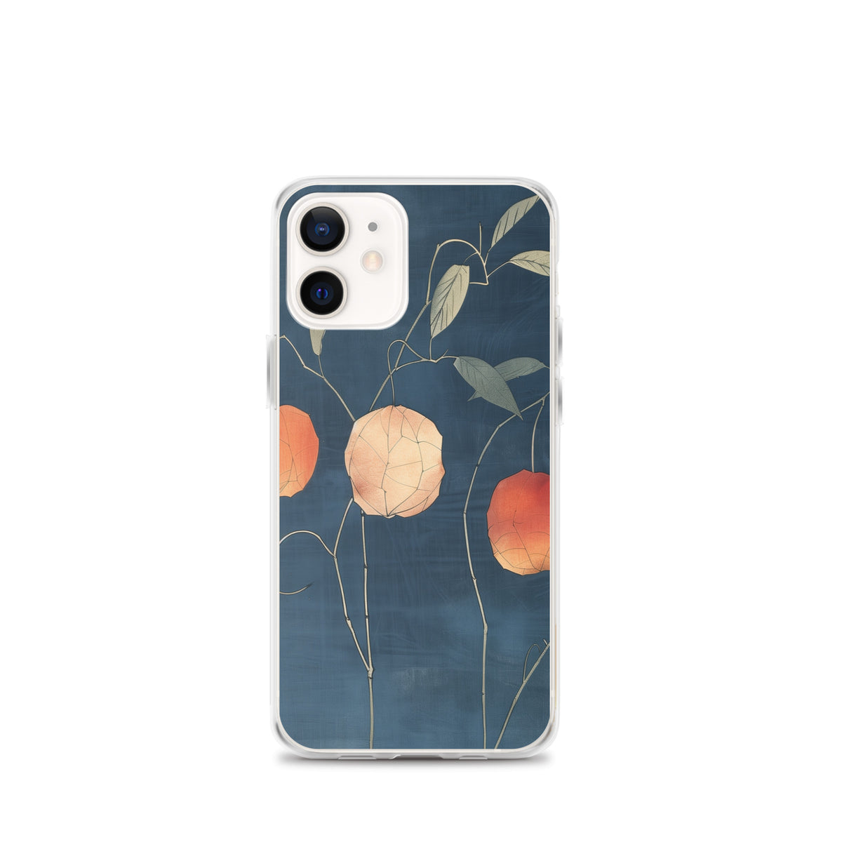 Clear iPhone case: Orange and pale ground cherries hang from slender stems against a deep blue background.