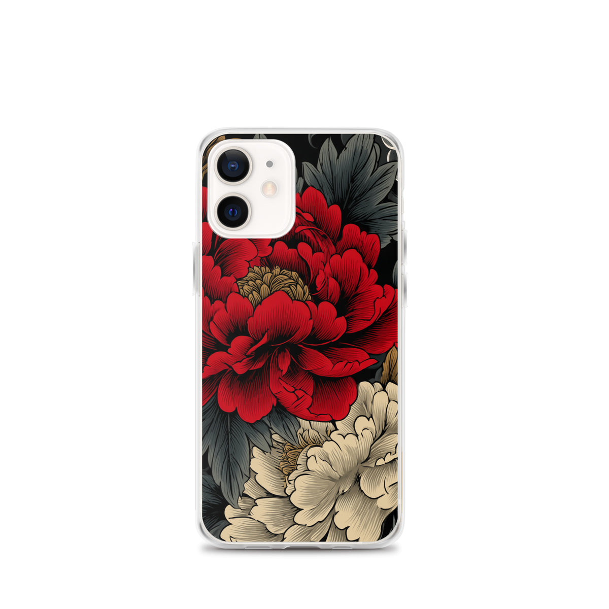 Clear iPhone case: Vermilion and ivory peonies stand out against dark leaves and curling ink-like clouds.