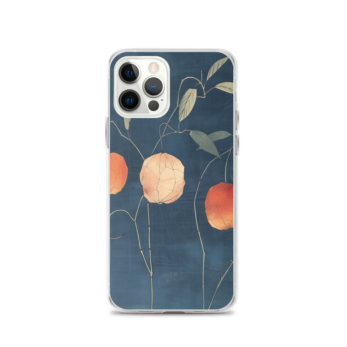 Clear iPhone case: Orange and pale ground cherries hang from slender stems against a deep blue background.