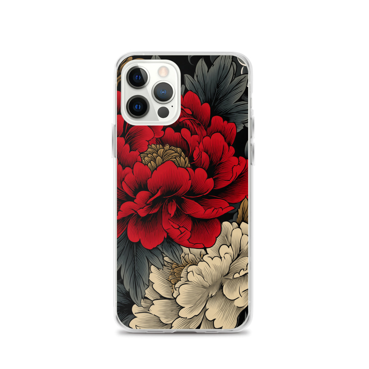 Clear iPhone case: Vermilion and ivory peonies stand out against dark leaves and curling ink-like clouds.