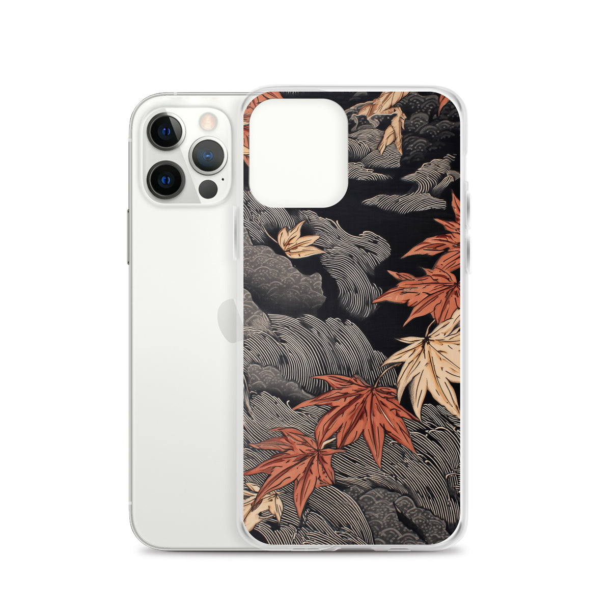 Clear iPhone case: Red and ochre maple leaves stretch across layered rocks and dark flowing water.