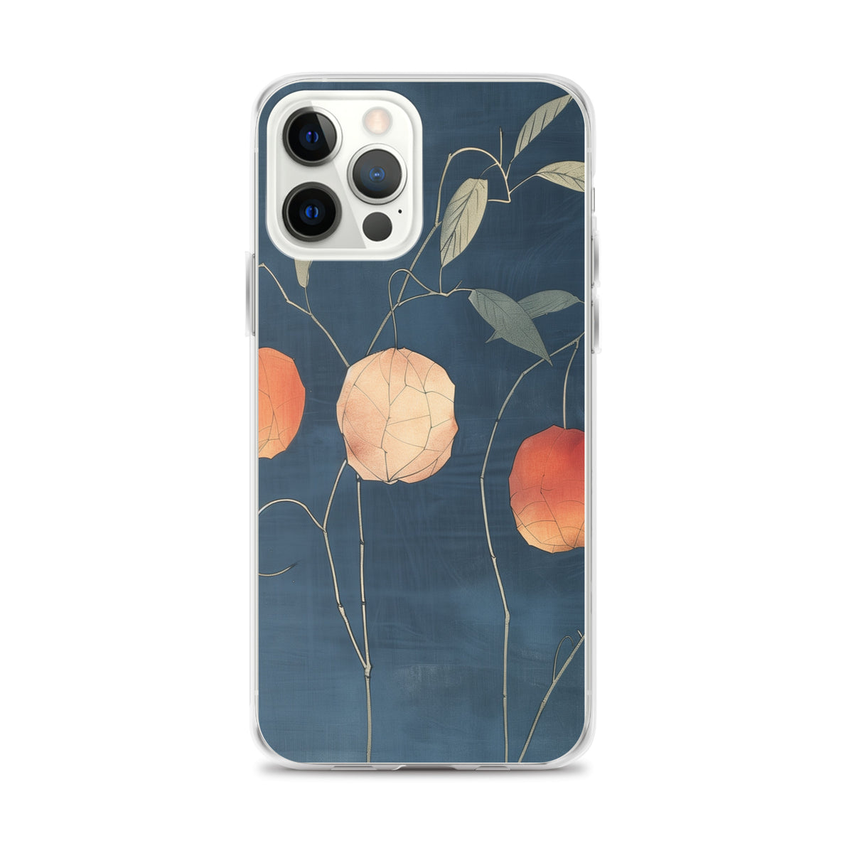 Clear iPhone case: Orange and pale ground cherries hang from slender stems against a deep blue background.