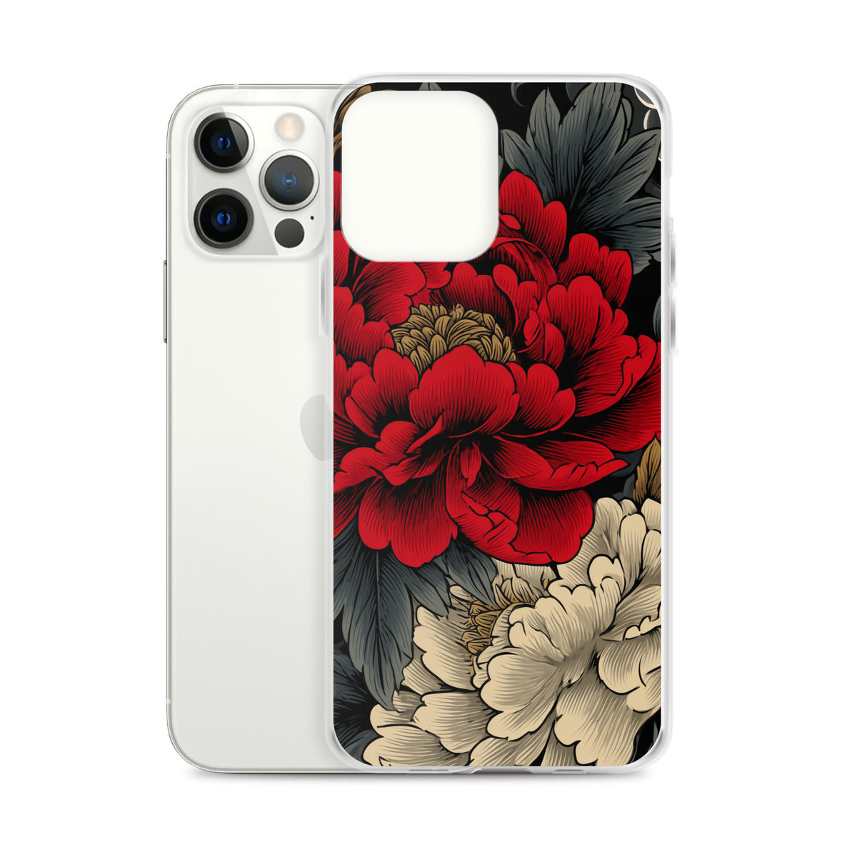 Clear iPhone case: Vermilion and ivory peonies stand out against dark leaves and curling ink-like clouds.