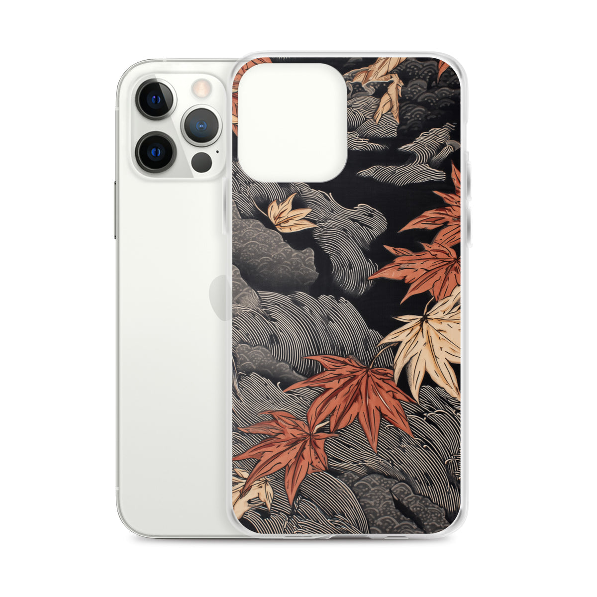 Clear iPhone case: Red and ochre maple leaves stretch across layered rocks and dark flowing water.