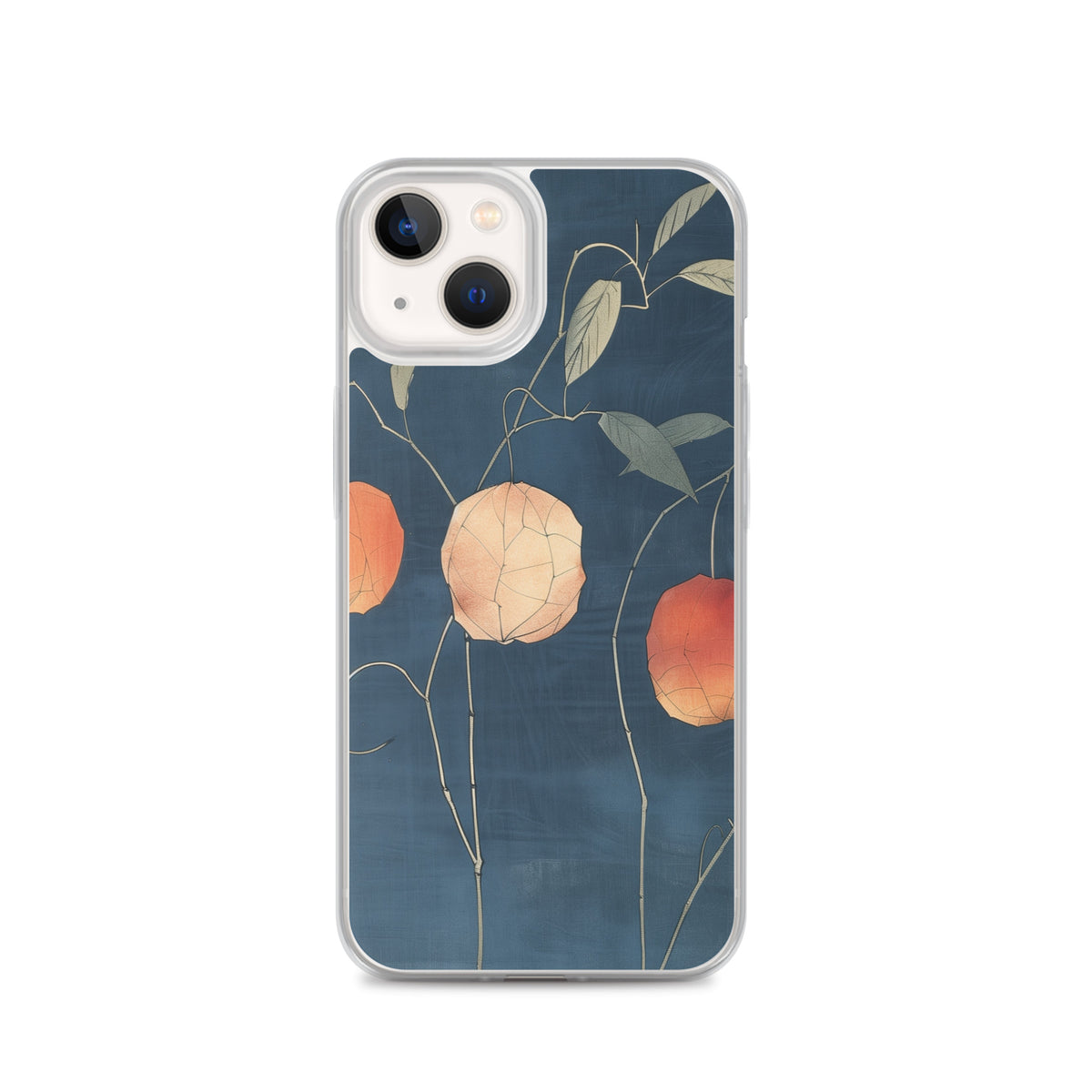 Clear iPhone case: Orange and pale ground cherries hang from slender stems against a deep blue background.