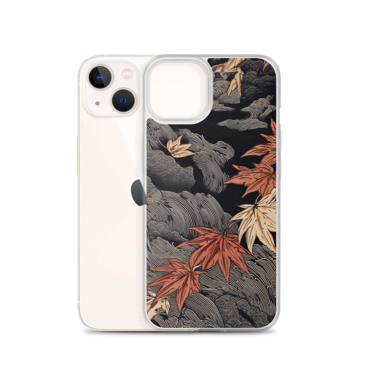 Clear iPhone case: Red and ochre maple leaves stretch across layered rocks and dark flowing water.